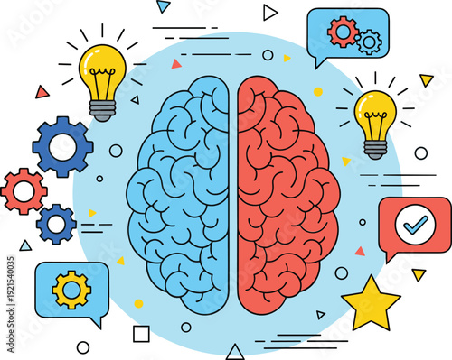 Creative and analytical brain concept with lightbulb gears and icons flat vector illustration innovation and thinking