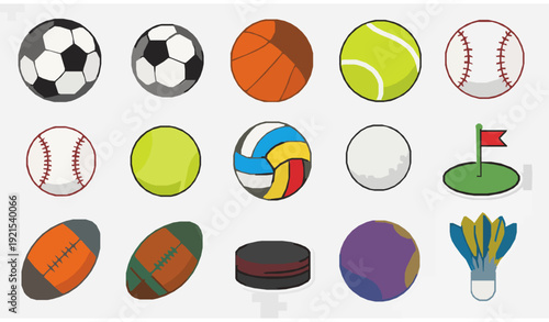 Sport Ball Sticker Icon Set Soccer Basketball Tennis Volleyball Vector Collection