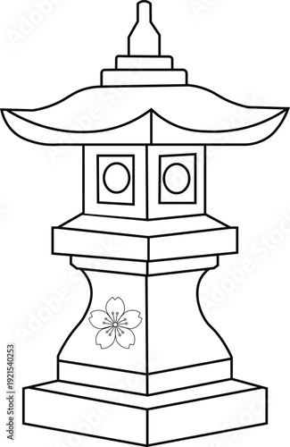 Japanese Stone Lantern Sakura Line Art.