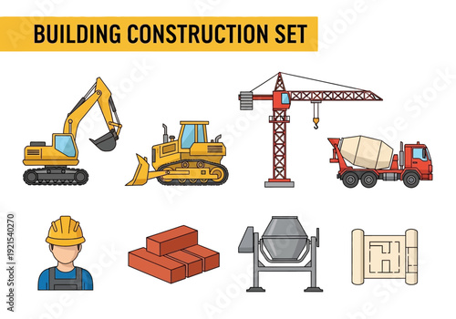 Building Construction Set with Tools, Equipment, and Materials for Architectural Projects