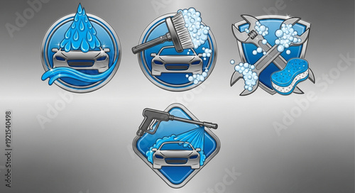 Car Wash Service Icons with Water and Foam.