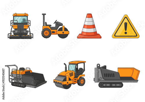 Set of construction vehicles and safety equipment for road building and maintenance