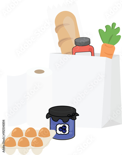 Flat vector illustration of grocery shopping essentials including paper shopping bag filled with baguette bread, carrot, and sauce bottle, plus eggs in carton, blueberry jam jar, and paper towel roll.