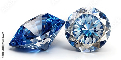 Close up of a pare of blue and white diamonds of different cuts with shadows.