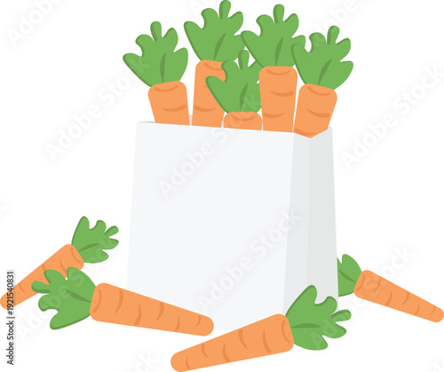 Flat vector illustration of fresh carrots in a paper bag with additional carrots scattered around. Perfect for organic food design, healthy eating themes, and farmers market promotions.