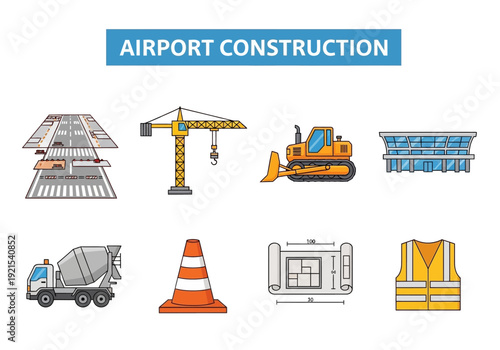 Airport Construction Set Featuring Terminal, Crane, Bulldozer, Cement Mixer, Traffic Cone, Blueprint, and Safety Vest