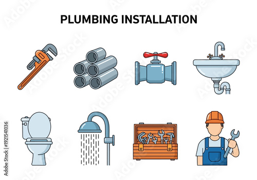 Plumbing Installation Tools and Fixtures Collection - Icons for Home Renovation and Repair