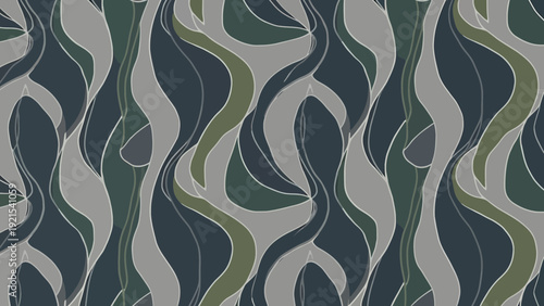 Abstract Organic Wavy Lines Seamless Pattern, Dark Green and Gray
