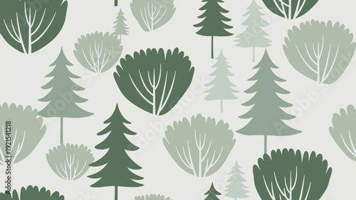 Seamless Forest Pattern: Evergreen Trees and Bushes in Muted Green Tones