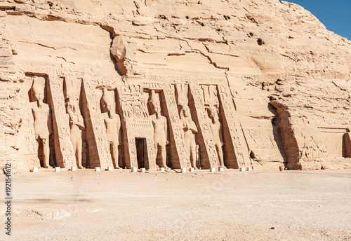 Ancient Temple of Nefertari and Hathor with Colossal Standing Statues at Abu Simbel Egypt