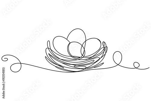 Bird's nest with eggs continuous line drawing minimalist concept isolated on white