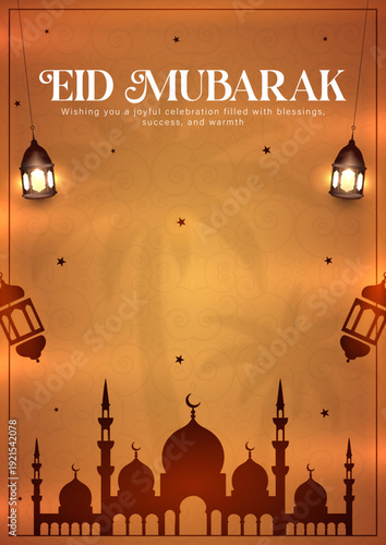 Eid Mubarak Greeting Card with Gold Crescent and Purple Background, Islamic Ramadan Kareem Banner with Mosque Silhouette and Lanterns, Elegant Muslim Holiday Poster with Golden Lamps and Arabic Patter