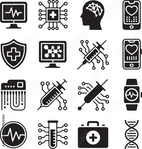 Collection of medical and health technology icons in black and white
