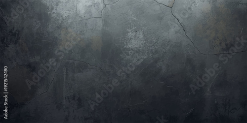 A dark vintage grunge metal texture with an aged rough concrete pattern on a dirty gray stone wall surface creates a blank black backdrop for a weathered chalkboard design