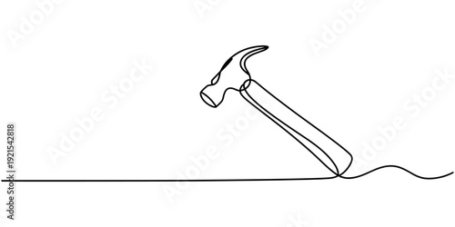 Continuous one line drawing of hammer carpentry equipment. Hammers in single line draw illustration. Editable stroke, Hammer outline modern illustration. Continuous one line drawing.