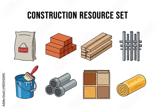 Construction resource set with building materials, tools, and supplies for building projects