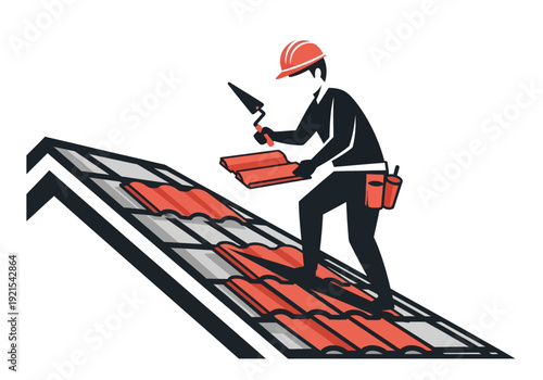 Professional roofer installing new roof tiles on a sloped roof, illustrating construction and maintenance services