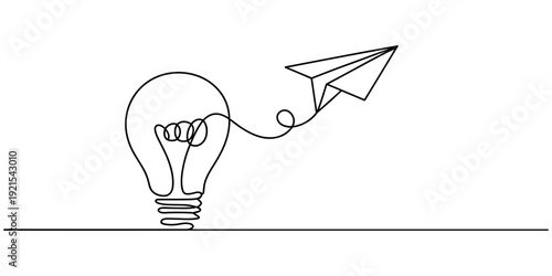 bulb with paper plan continuous one line Light Bulb, Creativity, Aspirations Continuous Line Icon, Continuous line drawing paper plane, mind, and bulb. Creative solution strategy landing page vector.