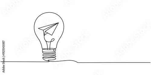 bulb with paper plan continuous one line Light Bulb, Creativity, Aspirations Continuous Line Icon, Continuous line drawing paper plane, mind, and bulb. Creative solution strategy landing page vector.
