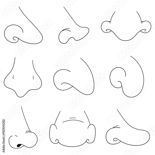 Hand-drawn doodle set of human noses on a white background.