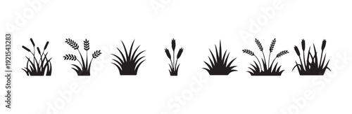 Assortment of grass clumps and cereal plant icons in silhouette style