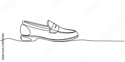 Elegant leather loafer continuous one line drawing, Continuous line drawing formal shoe with gear symbol design. vector illustration, Single continuous line drawing of classic loafers shoes in black
