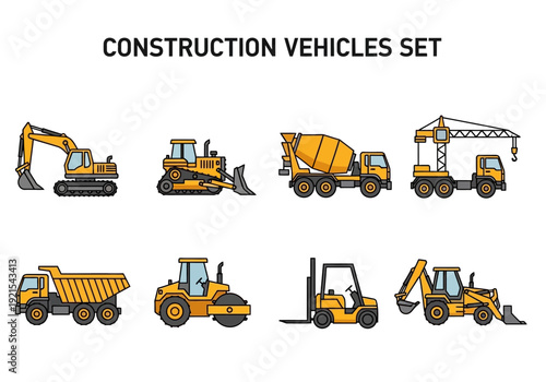 Set of construction vehicles with excavator, bulldozer, cement mixer, crane, dump truck, road roller, forklift, and backhoe