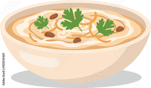 Creamy soup with parsley and spices in ceramic bowl