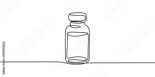 Medical Vaccine bottle with liquid drug in continuous one line drawing vector illustration, Medical syringe and bottle with liquid drug in continuous line art drawing style. Treatment.