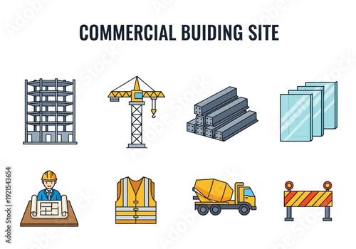 Set of construction icons showing commercial building site elements and worker, representing site development and building process
