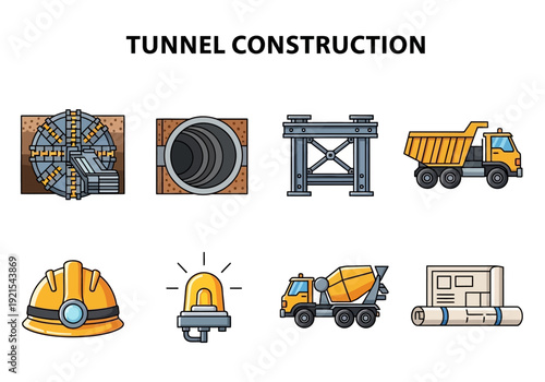 Illustrations of tunnel construction equipment, tools, and process elements