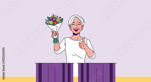 Happy mature woman holding a colorful flower bouquet and giving thumb up