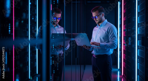 Two IT professionals working with a laptop in a data center with neon lighting and server racks.