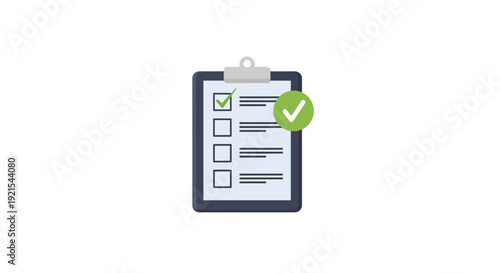 Clipboard with Checklist and Green Checkmark Icon on Isolated White Background