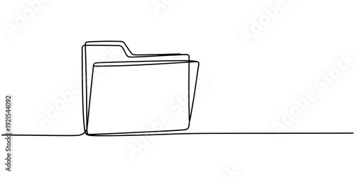 Computer folder in one line art style. Drawing of an open file folder with editable black stroke on a white background. Vector illustration.
