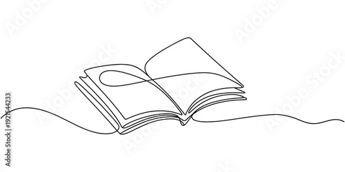 Opened book with flying page and stars in one continuous line drawing, symbolizing magic of reading, Continuous one line drawing of book opening vector graphic illustration. Education books line art