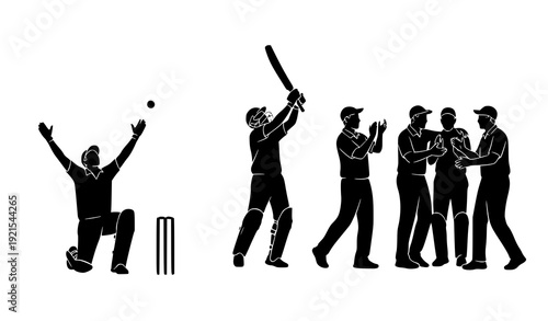 Cricket Match Victory Celebration Silhouettes Players on Field Vector Isolated