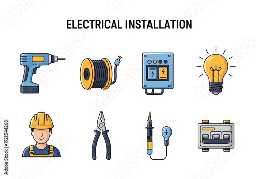 Electrical Installation Tools and Equipment Icons Featuring Drill, Wire, Fuse Box, Bulb, Electrician, Pliers, Tester, and Outlet