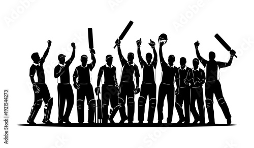 Cricket Team Celebrating Victory Silhouette Vector Players Raising Bats on Field