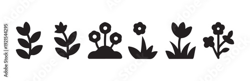 Assortment of different stylized plant and flower icons representing garden vegetation elements