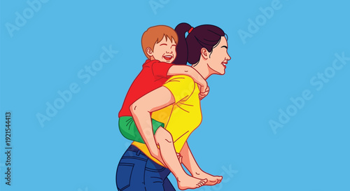 Happy mother giving young son a piggyback ride on blue background