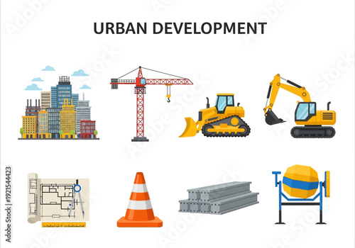 Urban Development Construction Equipment and Cityscape Illustration