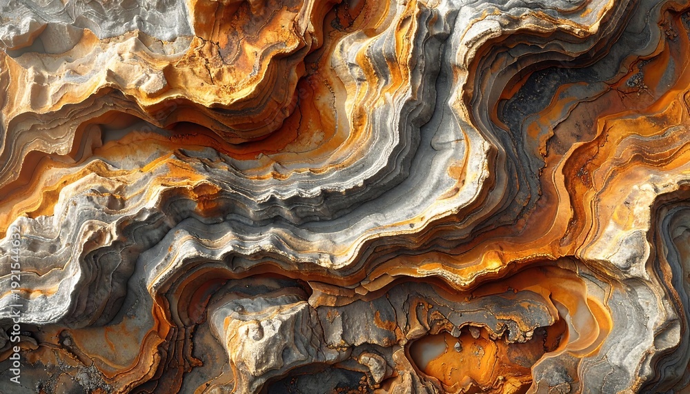 Obraz premium Abstract, close-up view of textured rock formations. Layers of orange, gray, and white create a dynamic, swirling pattern