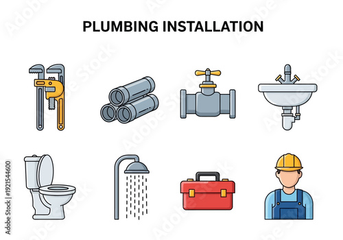 Collection of plumbing installation tools and fixtures, including pipes, faucets, and bathroom amenities