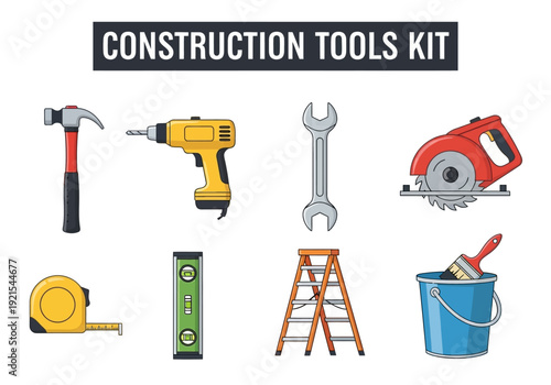 Collection of construction and DIY tools, including a hammer, drill, saw, ladder, and measuring tape
