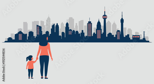 Mother and daughter holding hands looking at modern city skyline