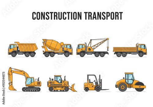 Collection of construction vehicles, including excavators, dump trucks, concrete mixers, and forklifts
