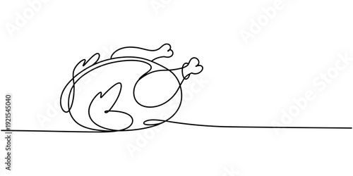 single continuous line drawing of a roasted chicken thanksgiving dinner food linear vector, Continuous one line drawing of roasted chicken. roasted turkey single outline vector illustration. one line