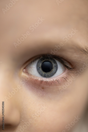 Macro Close Up of Little Child Blue Eye Looking Curiously at Camera Lens