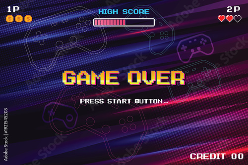 Game Over, Retro games for game assets in retro futuristic sci-fi background vector illustration. Glowing neon from an old arcade